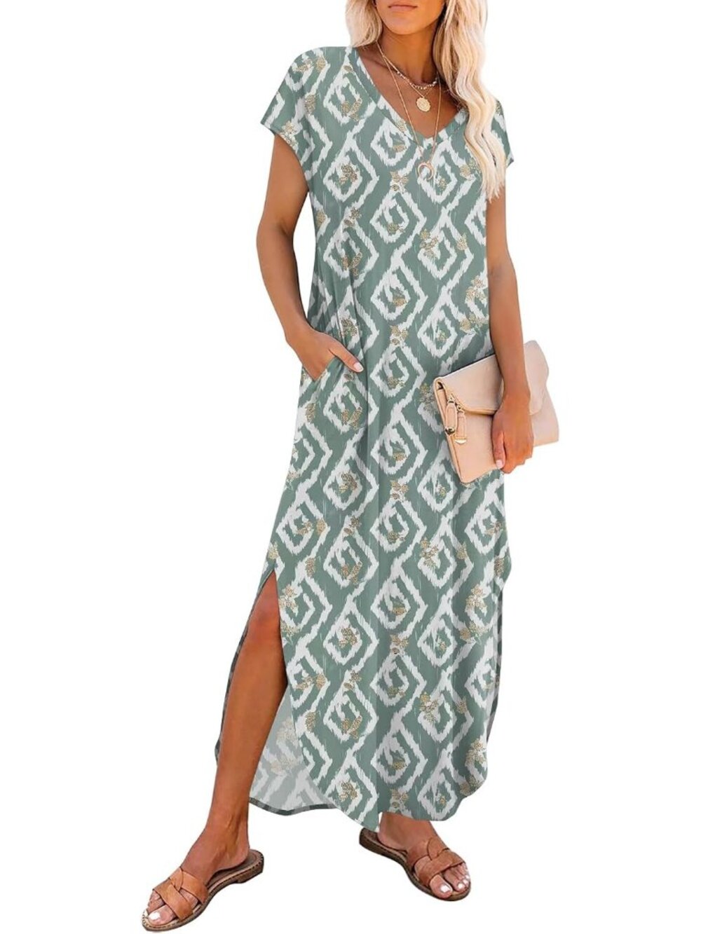 Women's Gray Cap Sleeve V Neck Closed Back Mid Waist Casual Maxi Dress